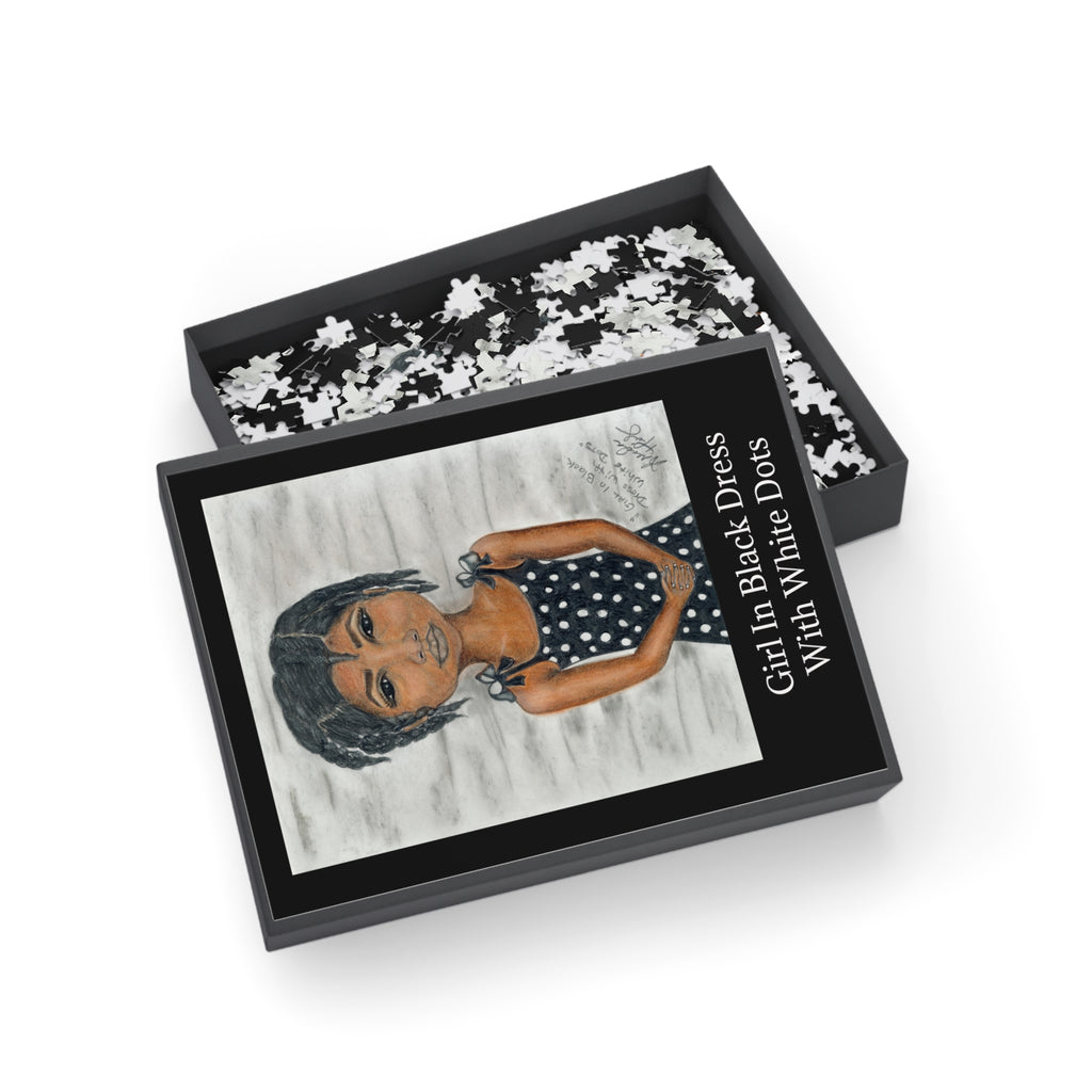 Puzzle — Girl in Black Dress with White Dots Illustration (96–1000 Piece)