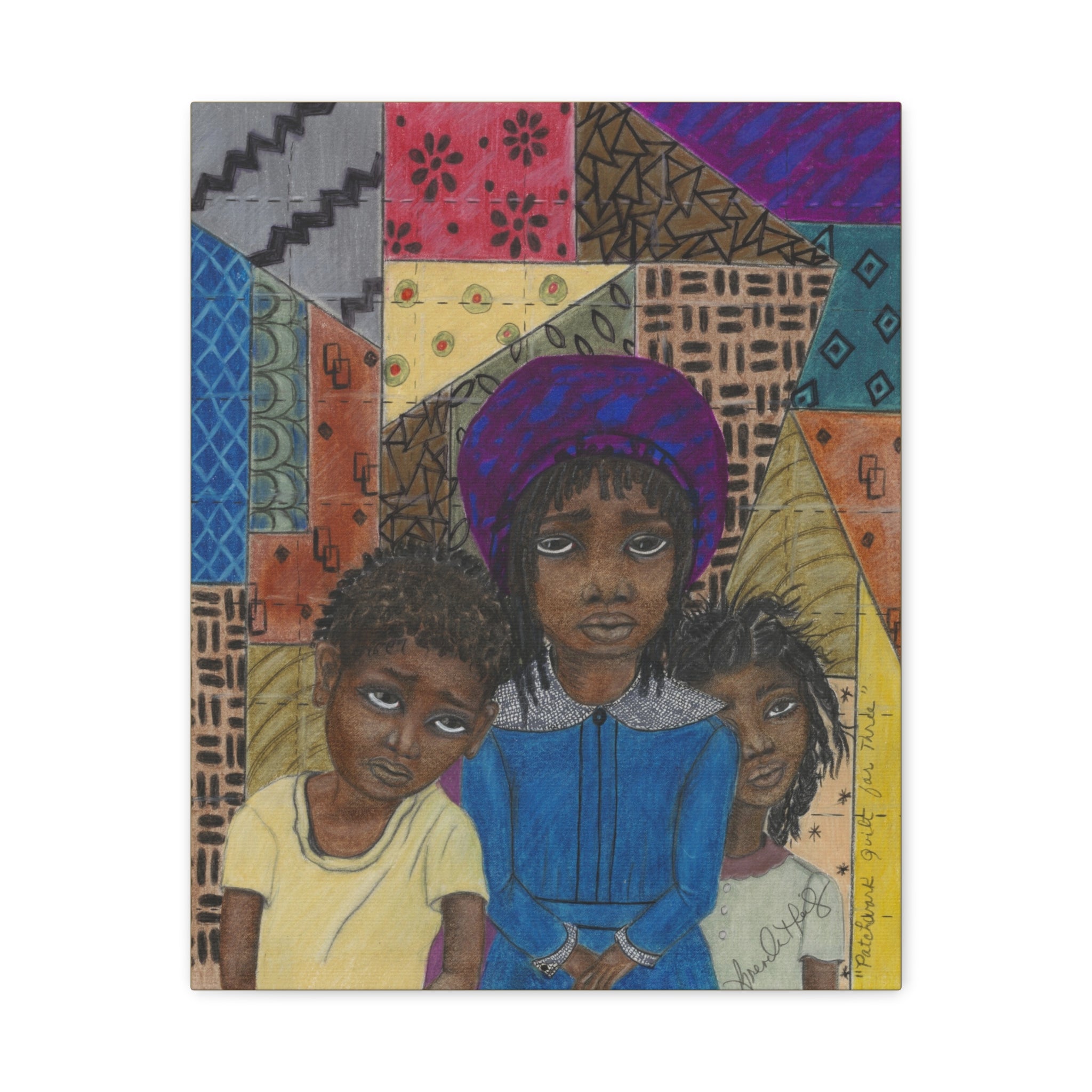 PATCHWORK QUILT — Young Siblings in Colorful Patchwork Scene