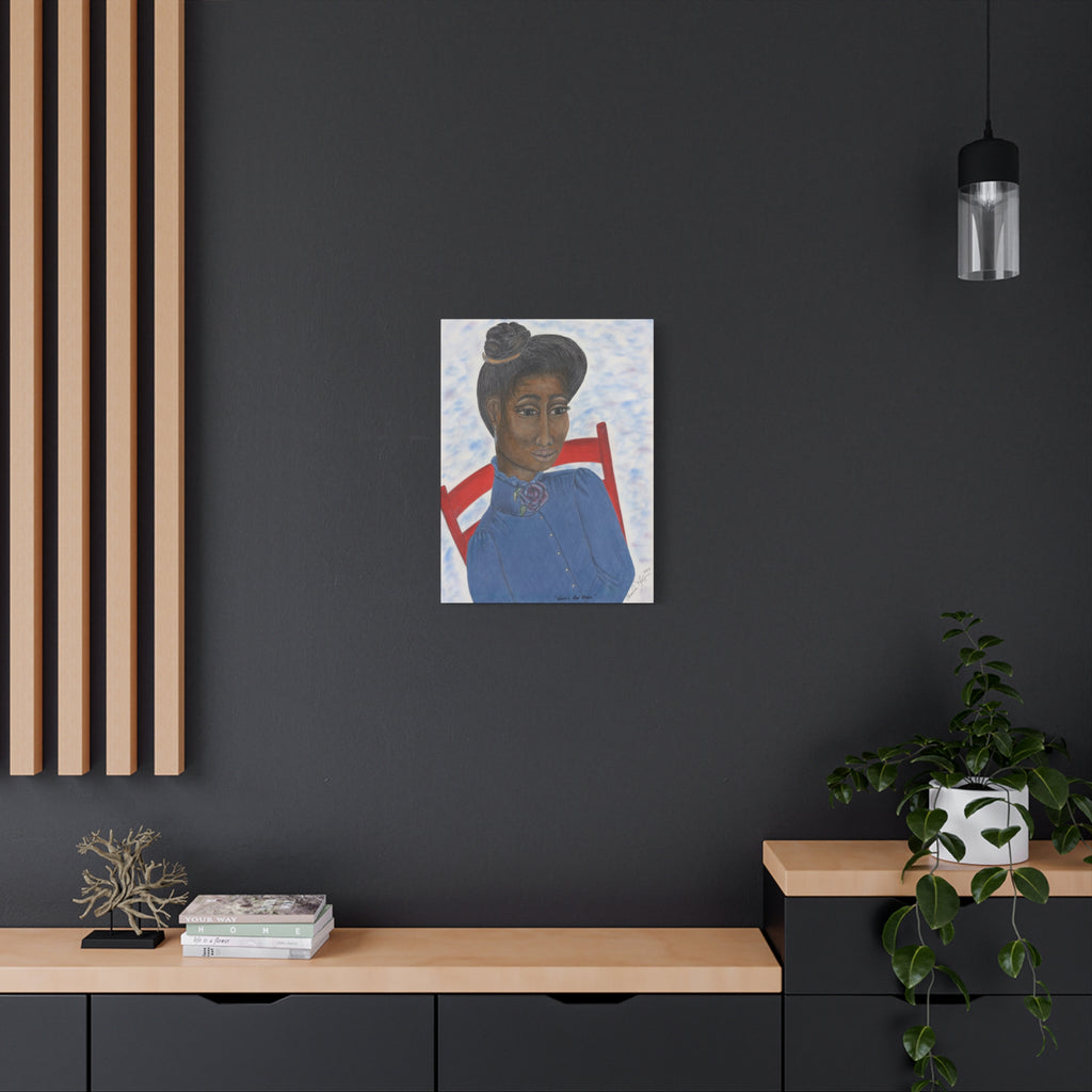 Minnie's Red Chair - Vintage Woman in Blue with Red Chair, Matte Stretched Wall Art