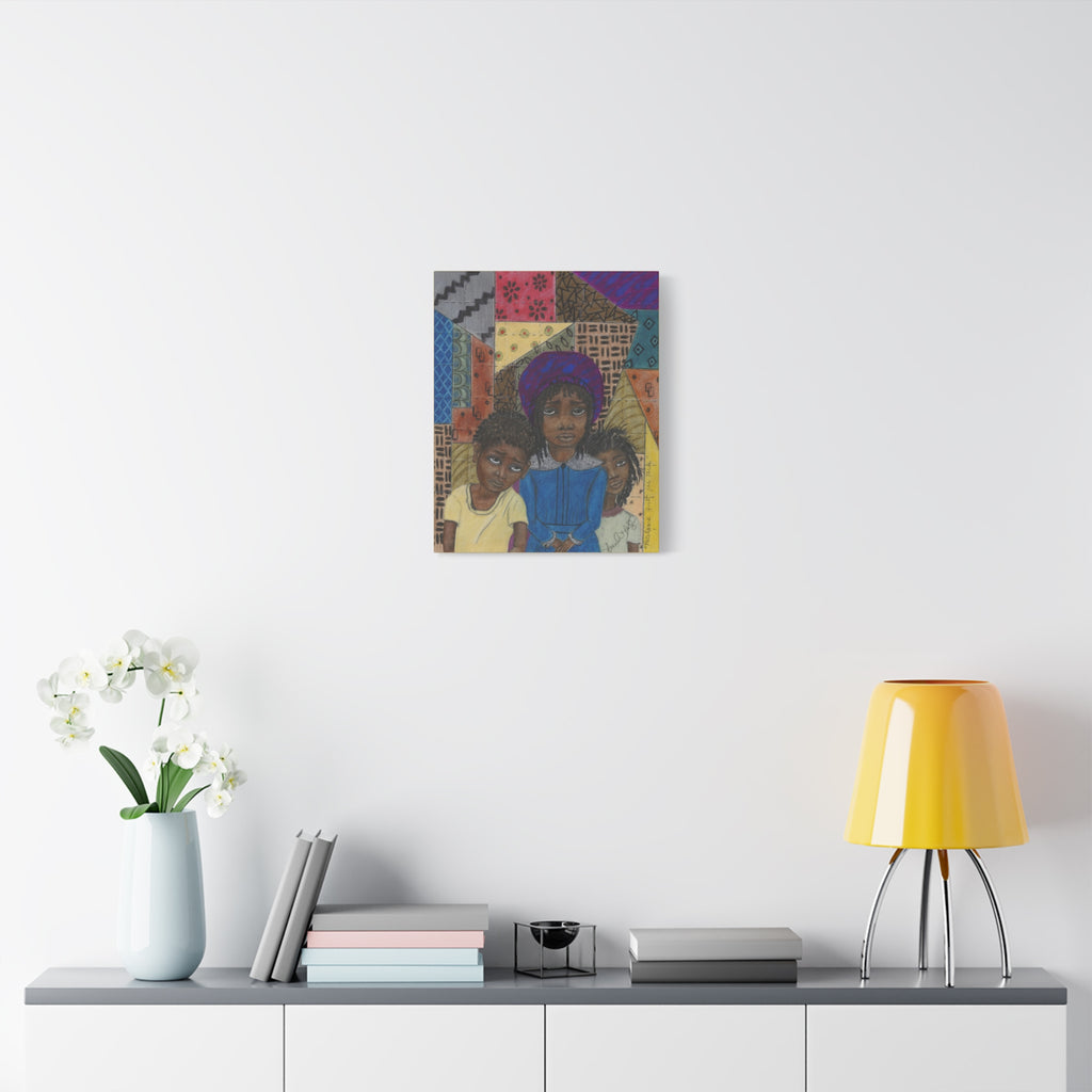 PATCHWORK QUILT — Young Siblings in Colorful Patchwork Scene