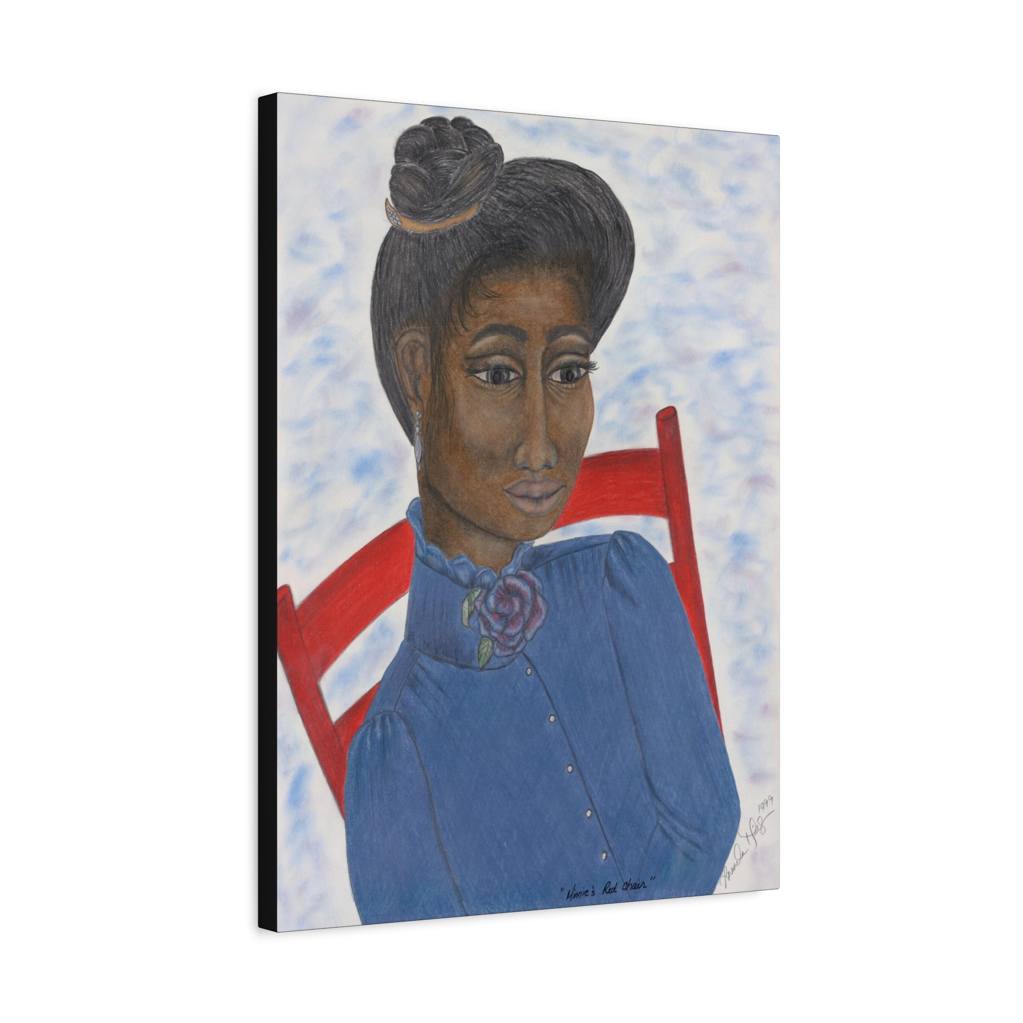 Minnie's Red Chair - Vintage Woman in Blue with Red Chair, Matte Stretched Wall Art