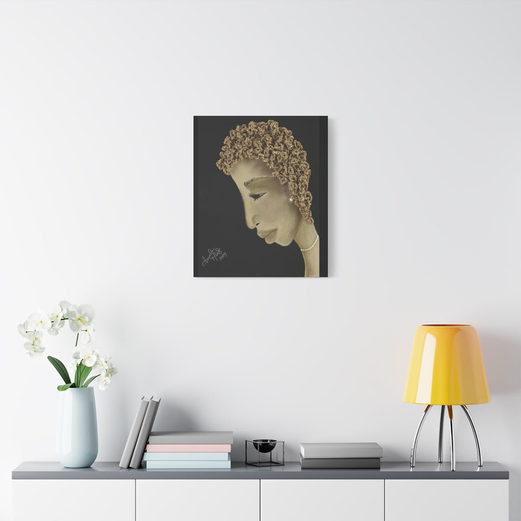 Sweet LaVera - Elegant Profile Portrait Canvas - Black Woman with Pearl Necklace Matte Stretched Art