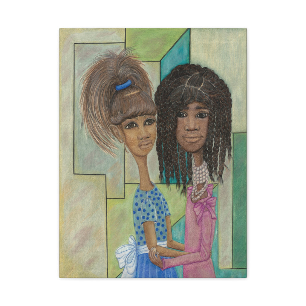 Tea Party Dress Up — Whimsical Retro Girls Art on Stretched Matte Canvas