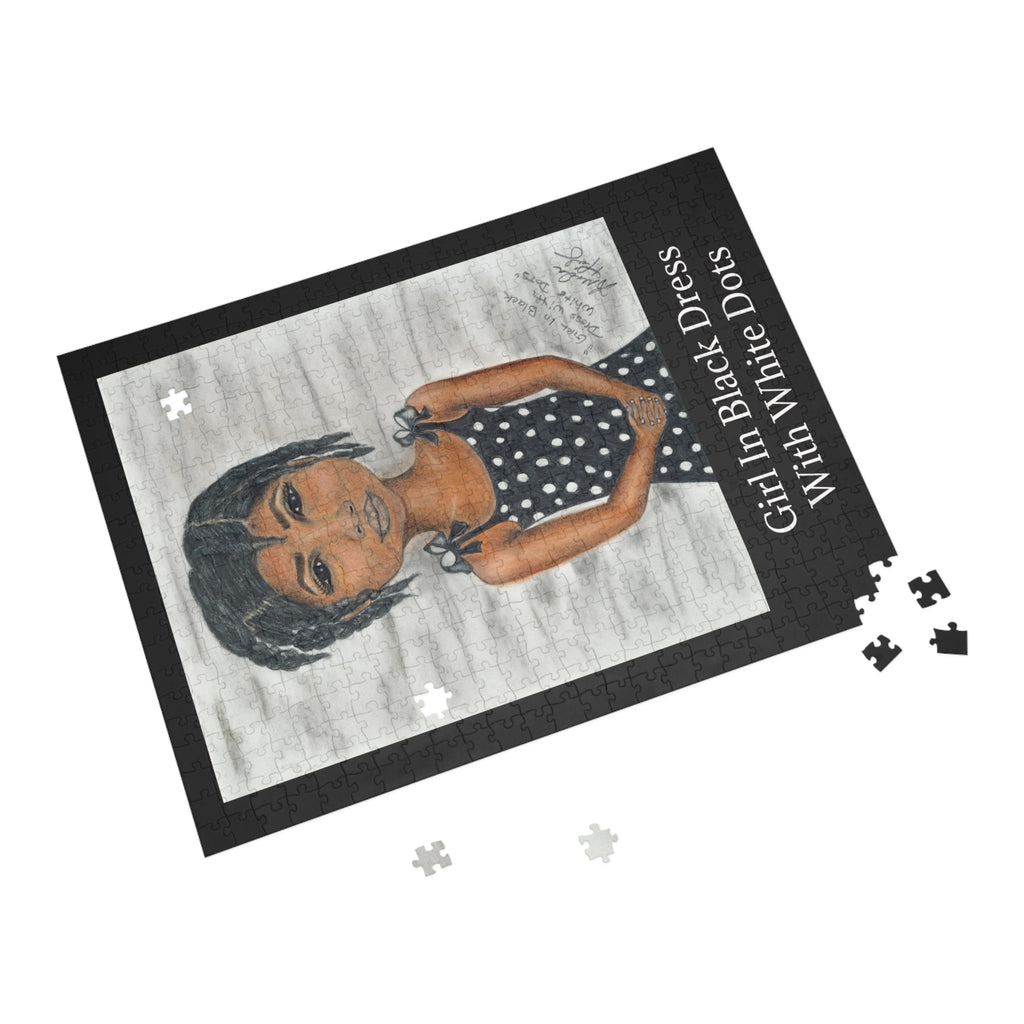Puzzle — Girl in Black Dress with White Dots Illustration (96–1000 Piece)