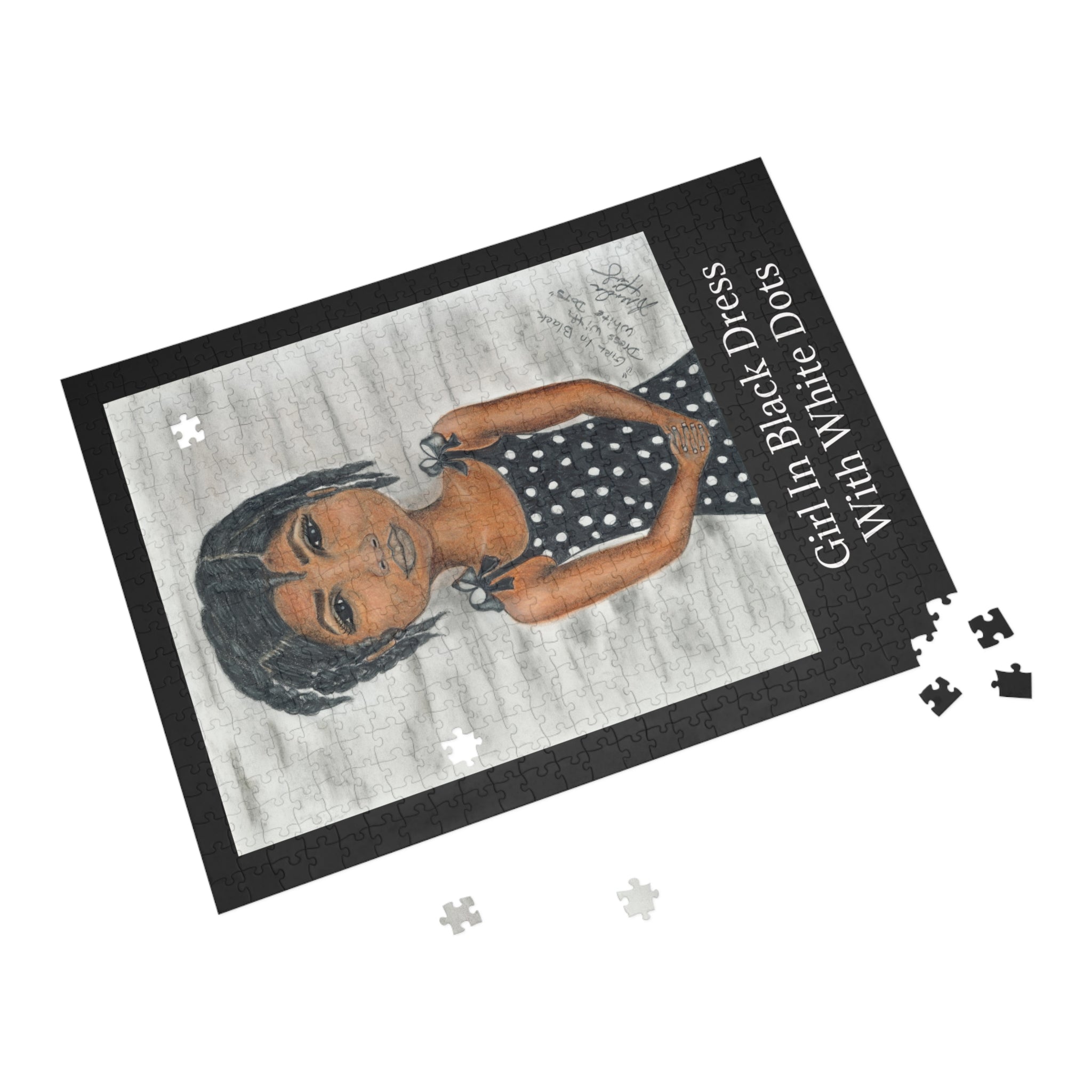 Puzzle — Girl in Black Dress with White Dots Illustration (96–1000 Piece)