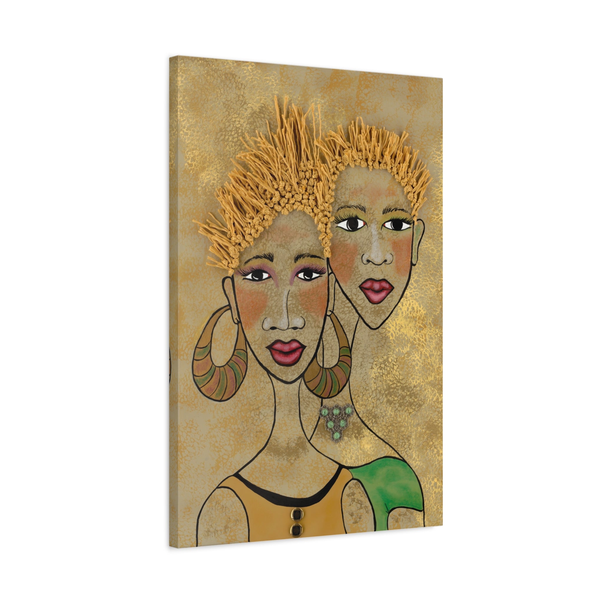 Afrocentric Sisterhood Matte Canvas Wall Art - Gold Textured Portrait