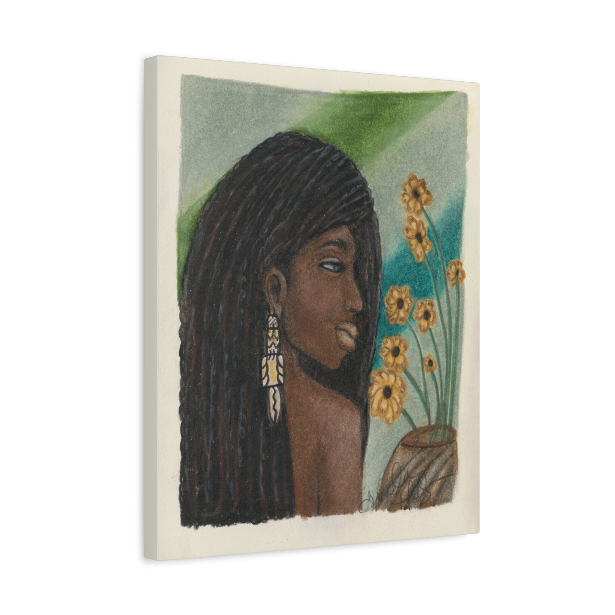 Daisie — Woman with Dreadlocks & Flowers Matte Stretched Wall Art