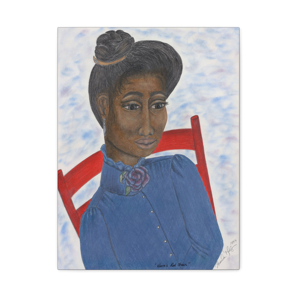 Minnie's Red Chair - Vintage Woman in Blue with Red Chair, Matte Stretched Wall Art