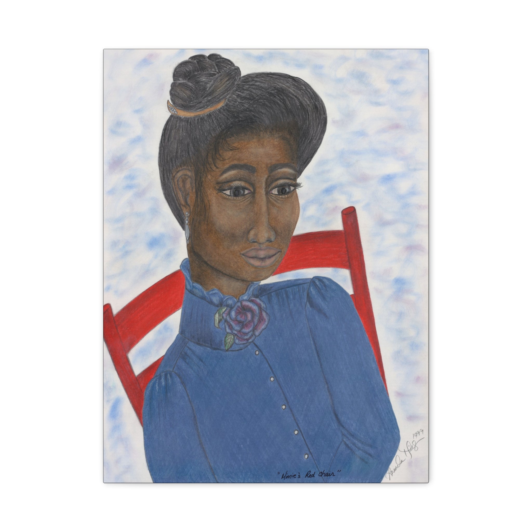 Minnie's Red Chair - Vintage Woman in Blue with Red Chair, Matte Stretched Wall Art