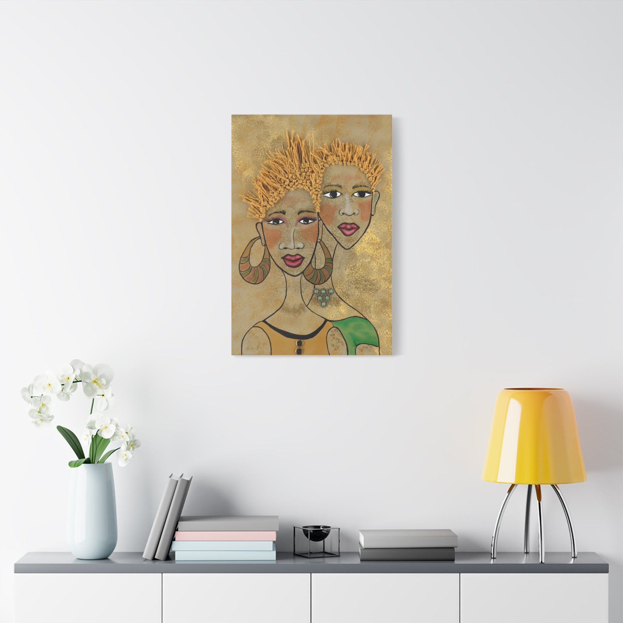 Afrocentric Sisterhood Matte Canvas Wall Art - Gold Textured Portrait
