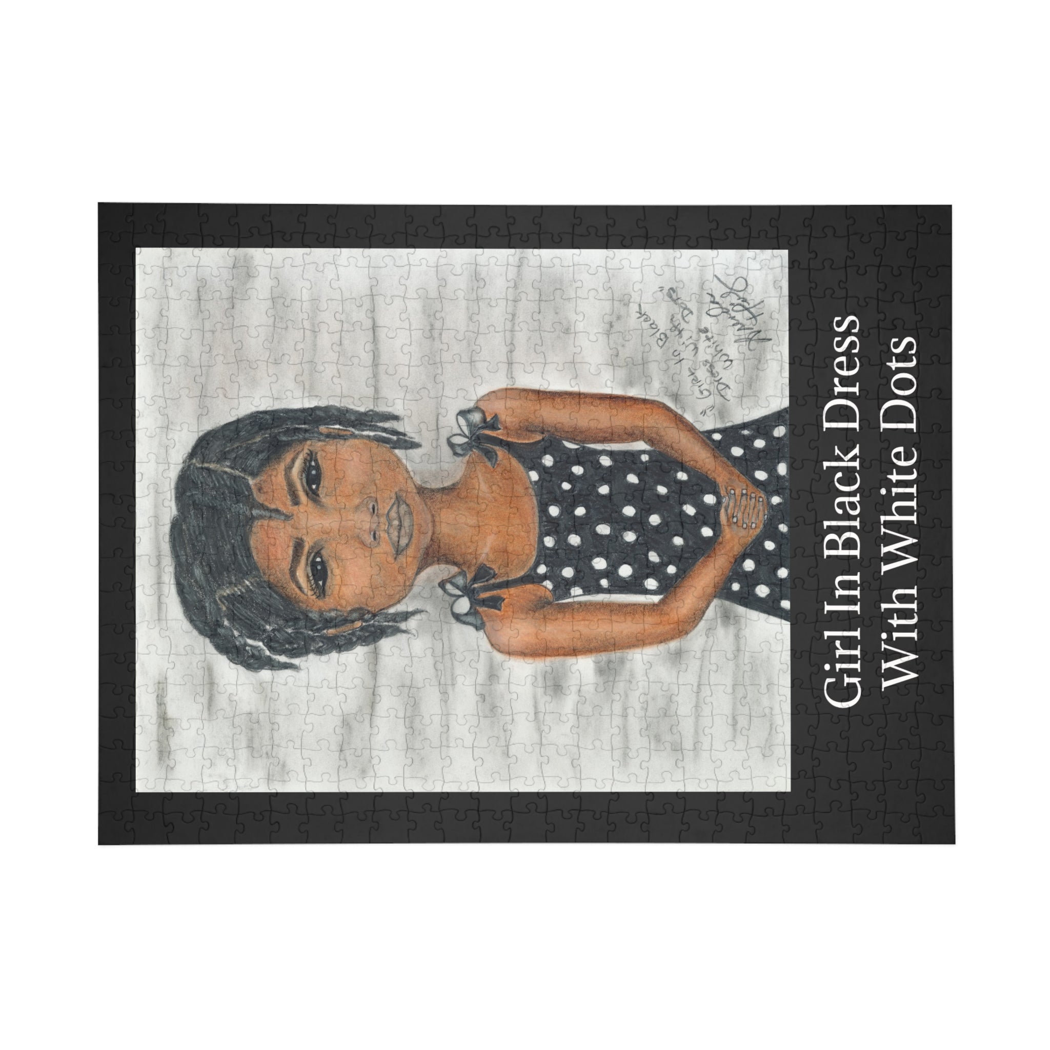Puzzle — Girl in Black Dress with White Dots Illustration (96–1000 Piece)