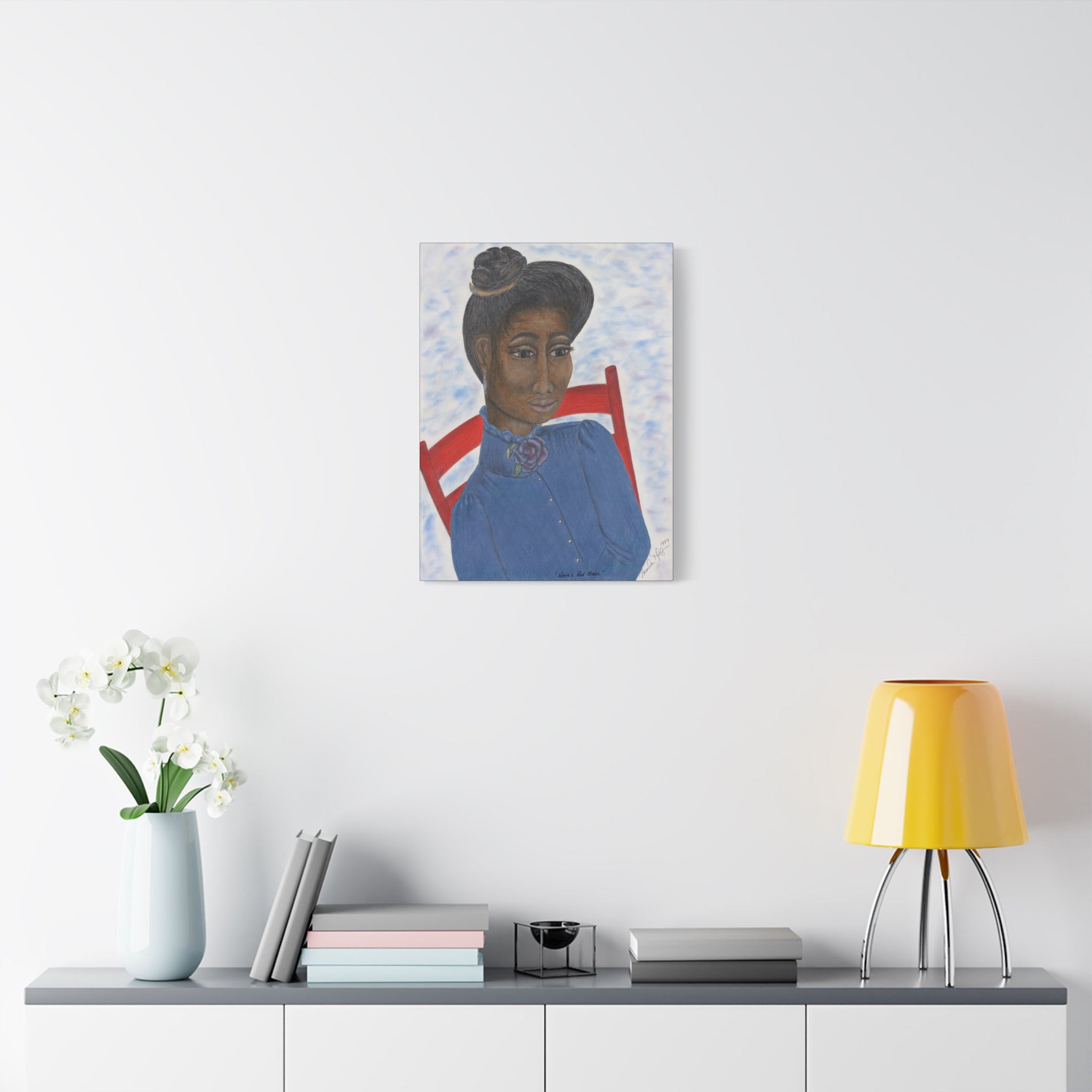 Minnie's Red Chair - Vintage Woman in Blue with Red Chair, Matte Stretched Wall Art