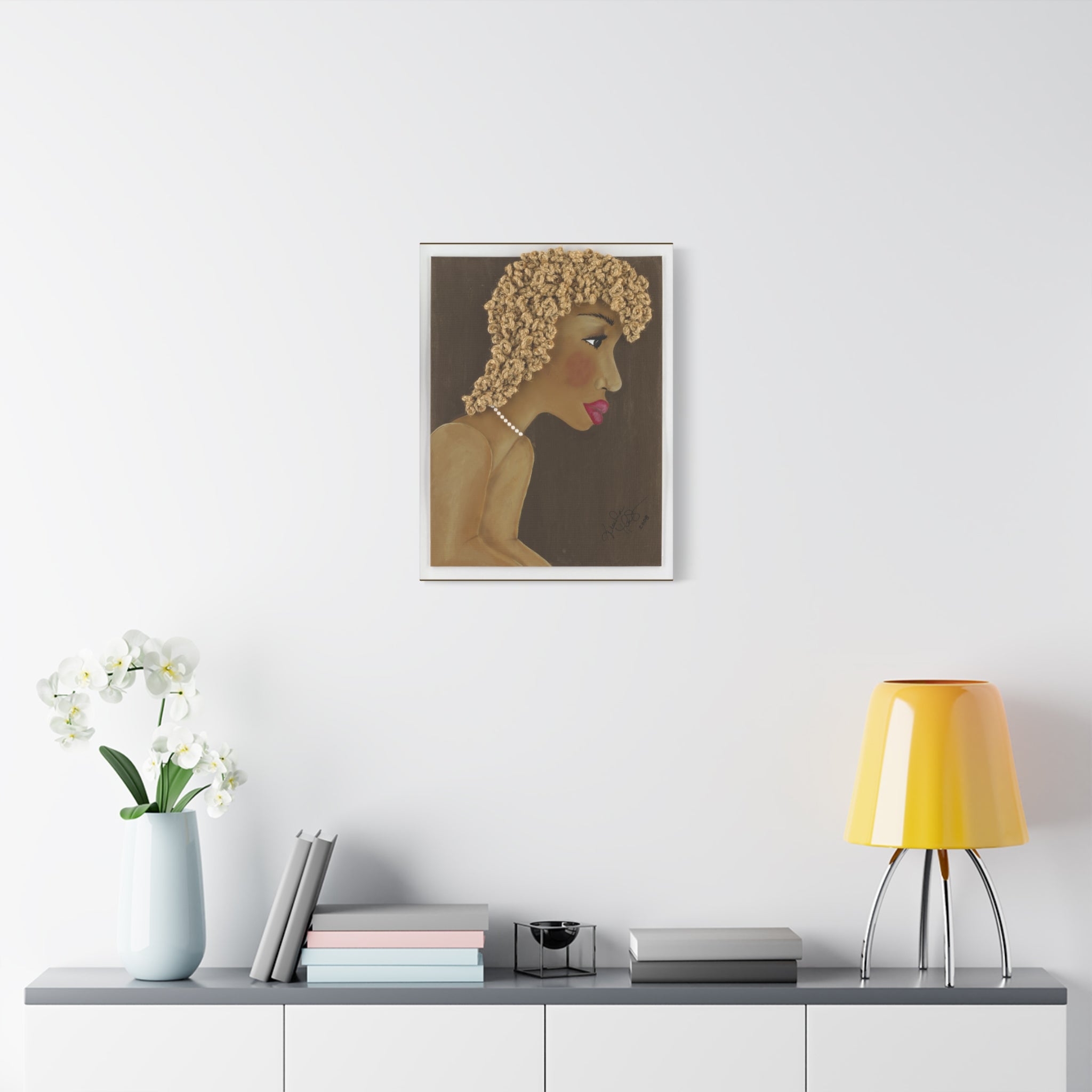 Bernice - Elegant Profile of Woman with Curly Hair & Pearl Necklace