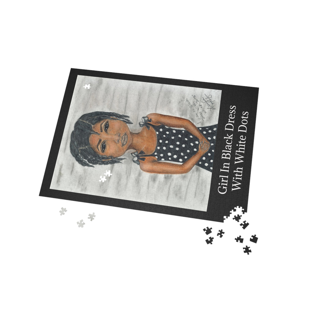 Puzzle — Girl in Black Dress with White Dots Illustration (96–1000 Piece)