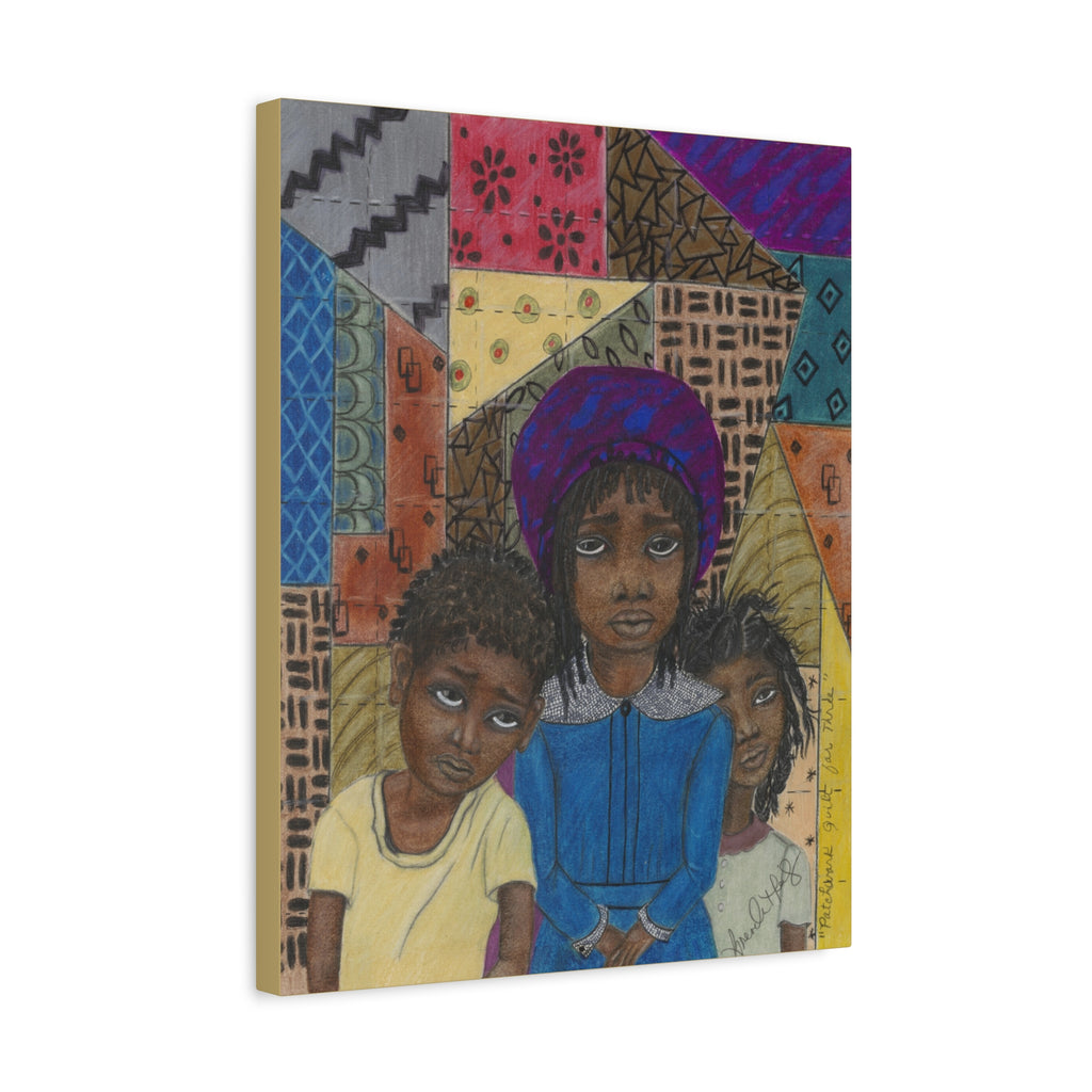PATCHWORK QUILT — Young Siblings in Colorful Patchwork Scene