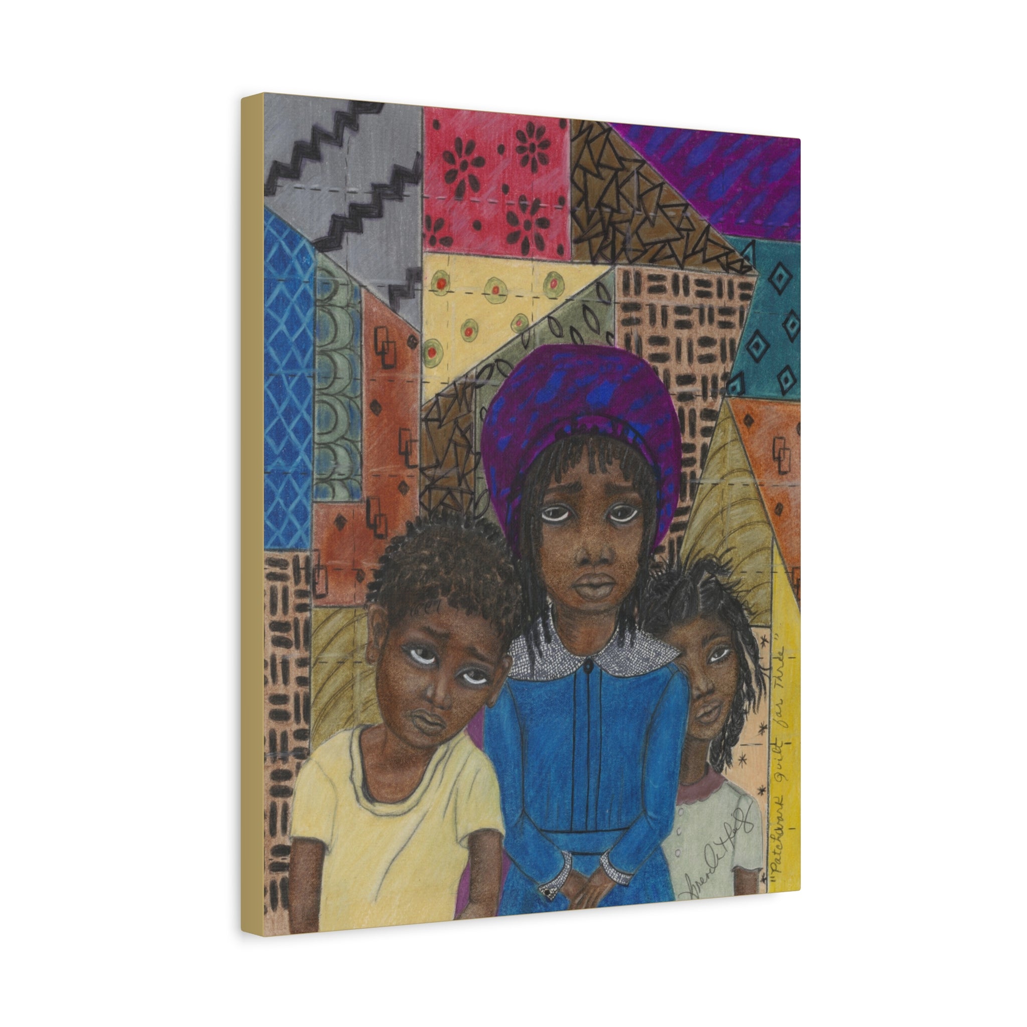 PATCHWORK QUILT — Young Siblings in Colorful Patchwork Scene