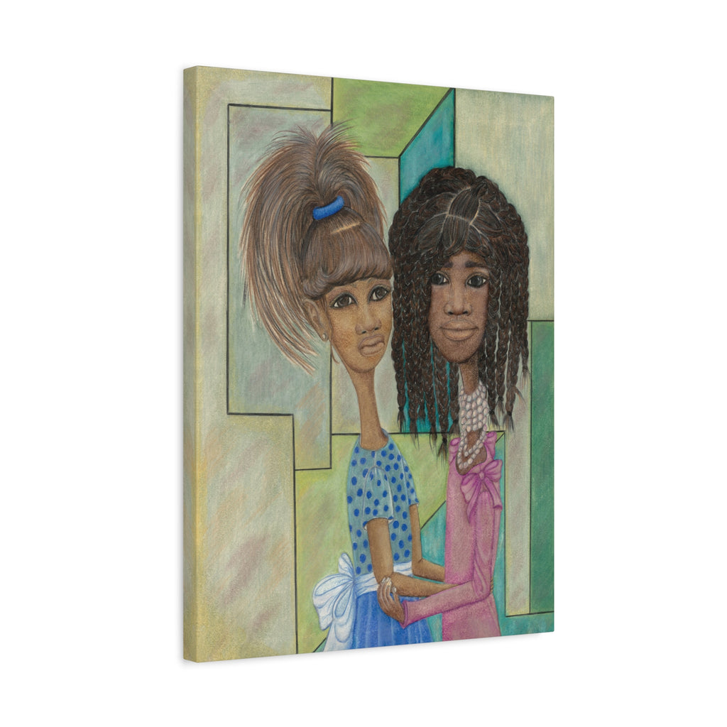 Tea Party Dress Up — Whimsical Retro Girls Art on Stretched Matte Canvas