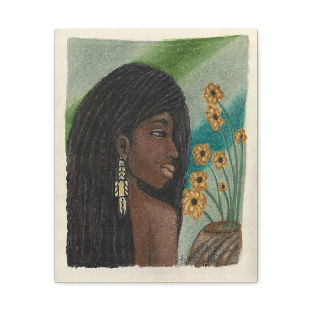 Daisie — Woman with Dreadlocks & Flowers Matte Stretched Wall Art